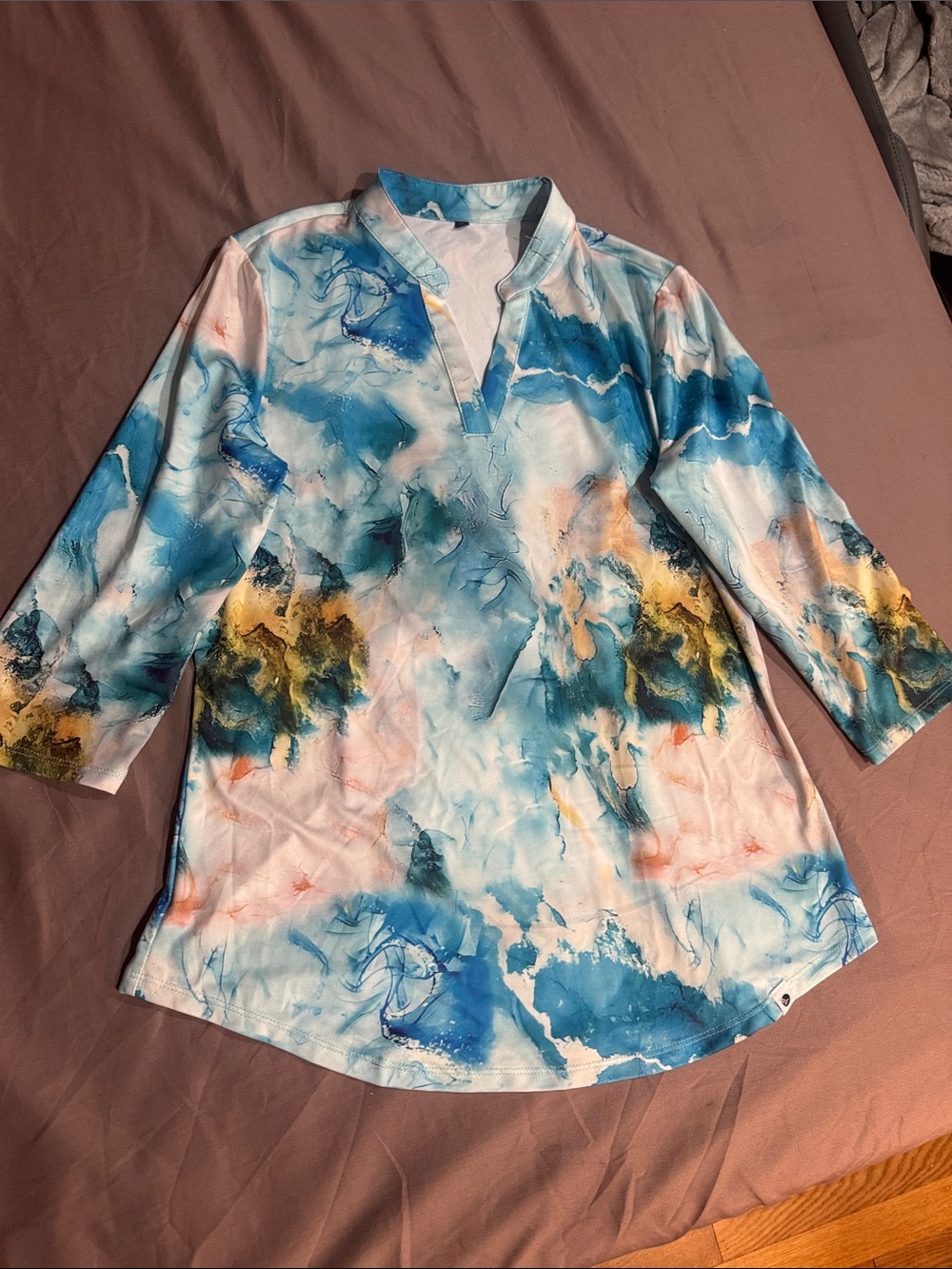 Abstract Watercolor Print Tunic Top - Blue, Yellow, White